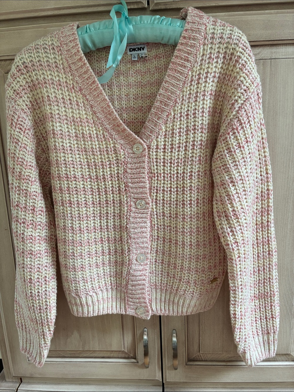DKNY Women's Pink and Cream Cardigan Sz L 12
